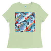 Matcha dolphin and crab seamless pattern Ladies Tee - BundleAndBundleShop