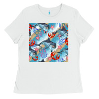 White dolphin and crab seamless pattern Ladies Tee - BundleAndBundleShop