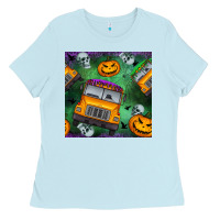 Baby Blue halloween bus and pumpkin seamless pattern Ladies Tee - BundleAndBundleShop
