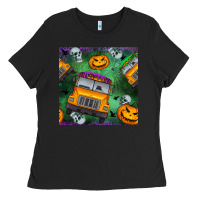 Black halloween bus and pumpkin seamless pattern Ladies Tee - BundleAndBundleShop