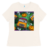 Bone halloween bus and pumpkin seamless pattern Ladies Tee - BundleAndBundleShop