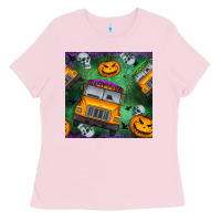 Bubblegum Pink halloween bus and pumpkin seamless pattern Ladies Tee - BundleAndBundleShop