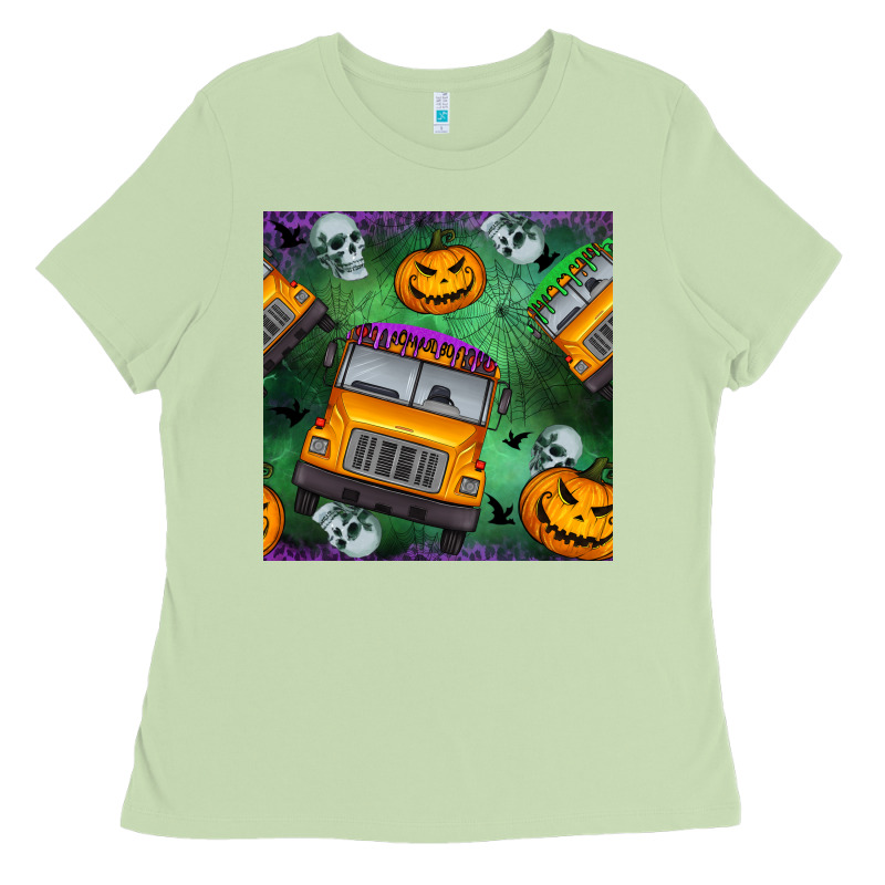 Halloween Bus And Pumpkin Seamless Pattern Ladies Tee by BundleAndBundleShop | Teevron
