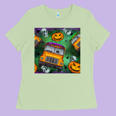 Halloween Bus And Pumpkin Seamless Pattern Ladies Tee Designed By Bundleandbundleshop