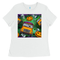 White halloween bus and pumpkin seamless pattern Ladies Tee - BundleAndBundleShop