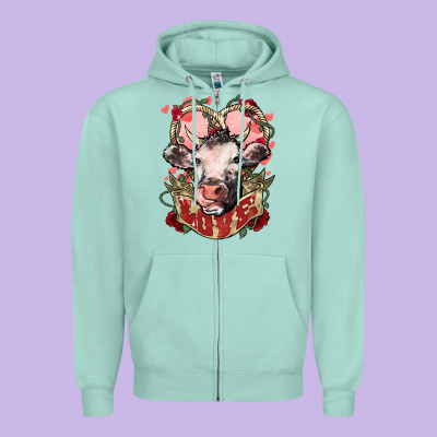 Cow Valentine's Day Love Zipper Hoodie Designed By Howdyjamesfarm