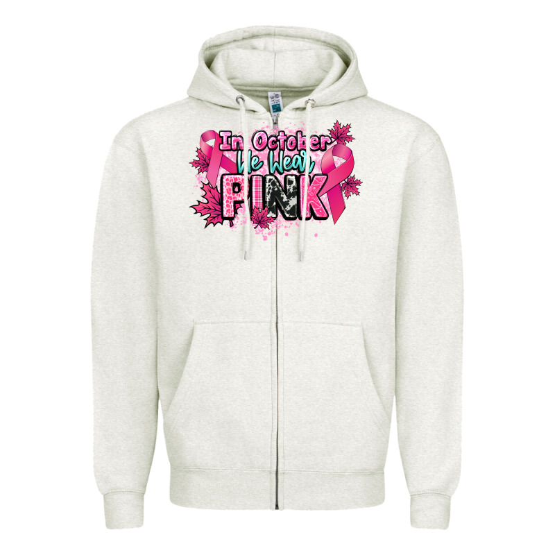 In October We Wear Pink Cancer Awareness Zipper Hoodie by HowdyJamesFarm | Teevron