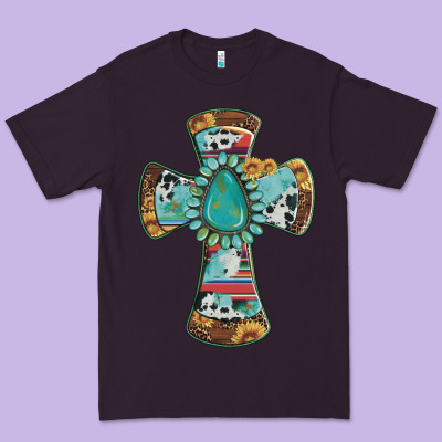Cross With Leopard Sunflower Gemstone Serape Cowhide Premium Tee Designed By Artiststas