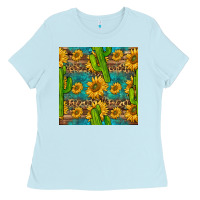 Baby Blue sunflower and cactus seamless pattern Ladies Tee - BundleAndBundleShop