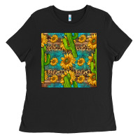 Black sunflower and cactus seamless pattern Ladies Tee - BundleAndBundleShop