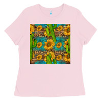 Bubblegum Pink sunflower and cactus seamless pattern Ladies Tee - BundleAndBundleShop