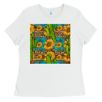 White sunflower and cactus seamless pattern Ladies Tee - BundleAndBundleShop