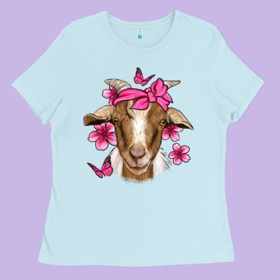 Pink Floral Bandana Goat Ladies Tee Designed By Jasminsmagicworld