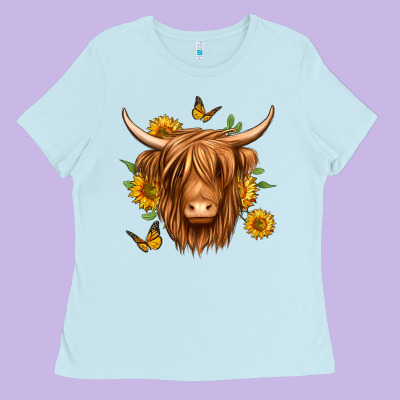 Sunflowers Long Haired Cow Ladies Tee Designed By Jasminsmagicworld