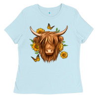 Baby Blue sunflowers long haired cow Ladies Tee - Jasminsmagicworld