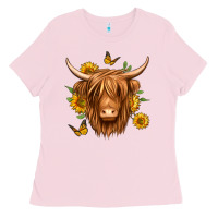 Bubblegum Pink sunflowers long haired cow Ladies Tee - Jasminsmagicworld