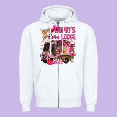 Cupid's Love Lodge With Truck Valentine's Day Zipper Hoodie Designed By Howdyjamesfarm