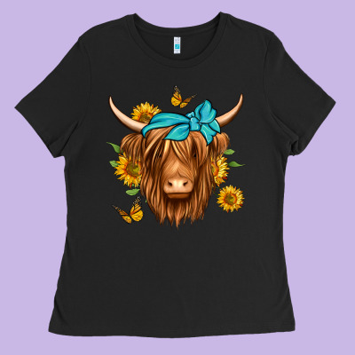 Sunflower Long Haired Cow Ladies Tee Designed By Jasminsmagicworld