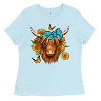 Baby Blue sunflower long haired cow Ladies Tee - Jasminsmagicworld