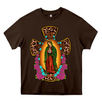 Chocolate Brown our lady of guadalupe cross Heavy Core Tee - JahusDesignShop