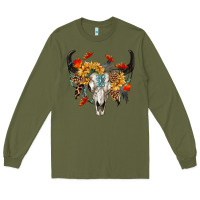 Army Green Fall Bull Skull Long Sleeve Tee - RanaPortraitStore