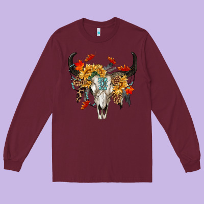 Fall Bull Skull Long Sleeve Tee Designed By Ranaportraitstore