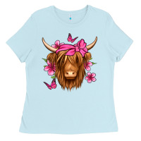 Baby Blue floral pink bandana longhaired cow Ladies Tee - Jasminsmagicworld