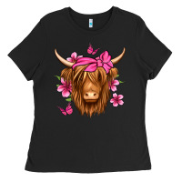 Black floral pink bandana longhaired cow Ladies Tee - Jasminsmagicworld