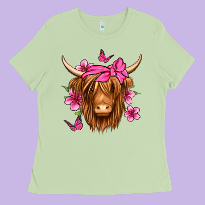 Floral Pink Bandana Longhaired Cow Ladies Tee Designed By Jasminsmagicworld