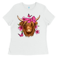 White floral pink bandana longhaired cow Ladies Tee - Jasminsmagicworld