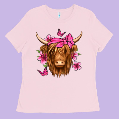 Floral Pink Bandana Longhaired Cow Ladies Tee Designed By Jasminsmagicworld