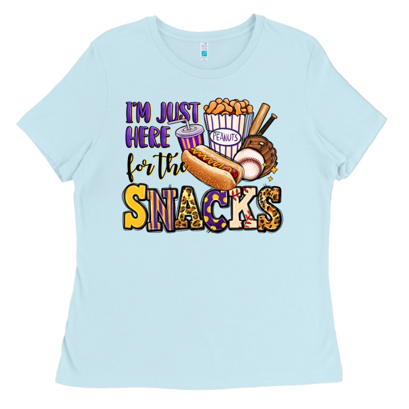 I'm Just Here For The Snacks Baseball Purple And G Ladies Tee by Jasminsmagicworld | Teevron