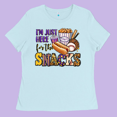 I'm Just Here For The Snacks Baseball Purple And G Ladies Tee Designed By Jasminsmagicworld