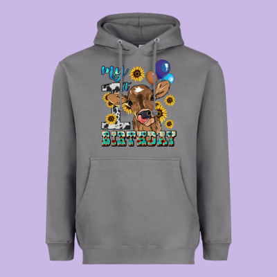 My First Birthday Baby Cow Sunflower Heavyweight Hoodie Designed By Howdyjamesfarm