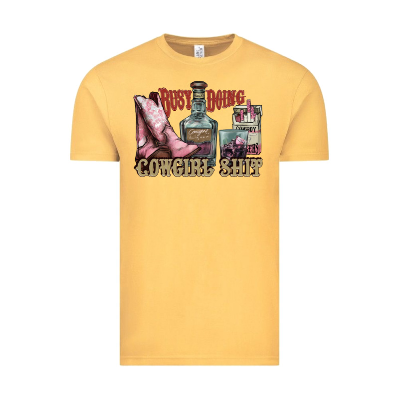 Busy Doing Cowgirl Shit Liquor Boots Cigarette Vintage Tee by NancyCooperArtShop | Teevron