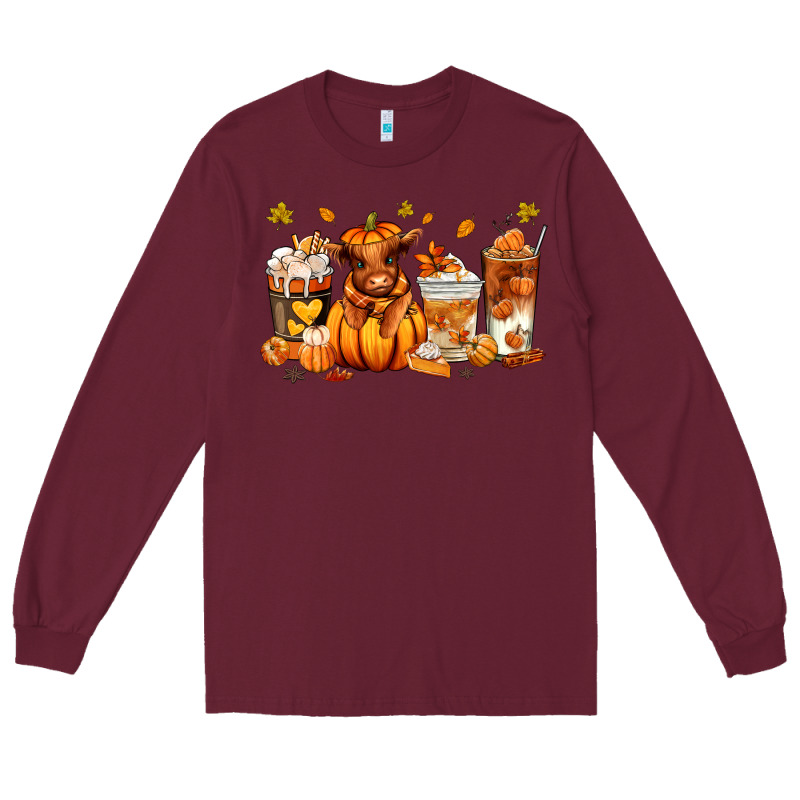 Fall Autumn Cow Pumpkin Coffee Cups Long Sleeve Tee by RanaPortraitStore | Teevron
