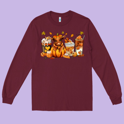 Fall Autumn Cow Pumpkin Coffee Cups Long Sleeve Tee Designed By Ranaportraitstore