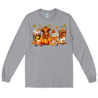 Heather Grey Fall Autumn cow pumpkin coffee cups Long Sleeve Tee - RanaPortraitStore