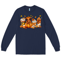 Navy Fall Autumn cow pumpkin coffee cups Long Sleeve Tee - RanaPortraitStore