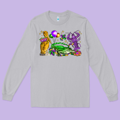 Mardi Gras Pelican Alligator And Crawfish Long Sleeve Tee Designed By Lillyallendesigns