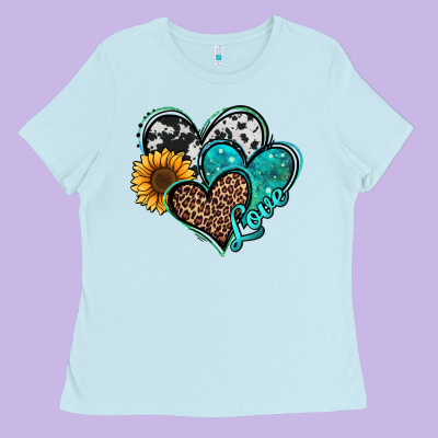 Turquoise Sunflower Hearts Ladies Tee Designed By Jasminsmagicworld