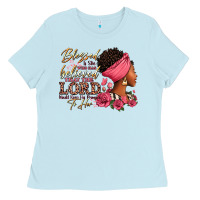 Baby Blue Blessed is she who has believed afro woman Ladies Tee - RanaPortraitStore