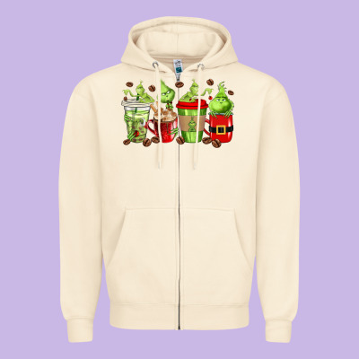 Grinch Coffee Cups Zipper Hoodie Designed By Texasbilliewilder