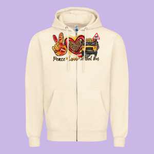 Peace Love School Bus Zipper Hoodie Designed By Texasbilliewilder