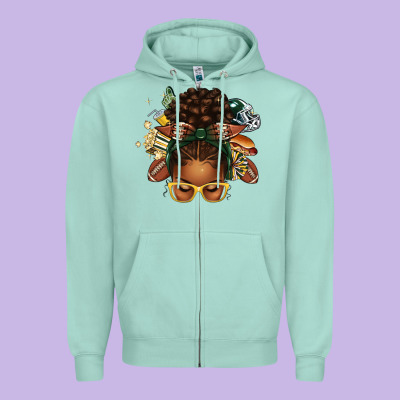 American Football Afro Messy Bun Zipper Hoodie Designed By Texasbilliewilder