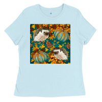 Baby Blue hedgehog and pumpkins seamless pattern Ladies Tee - BundleAndBundleShop