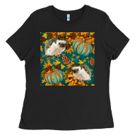 Black hedgehog and pumpkins seamless pattern Ladies Tee - BundleAndBundleShop