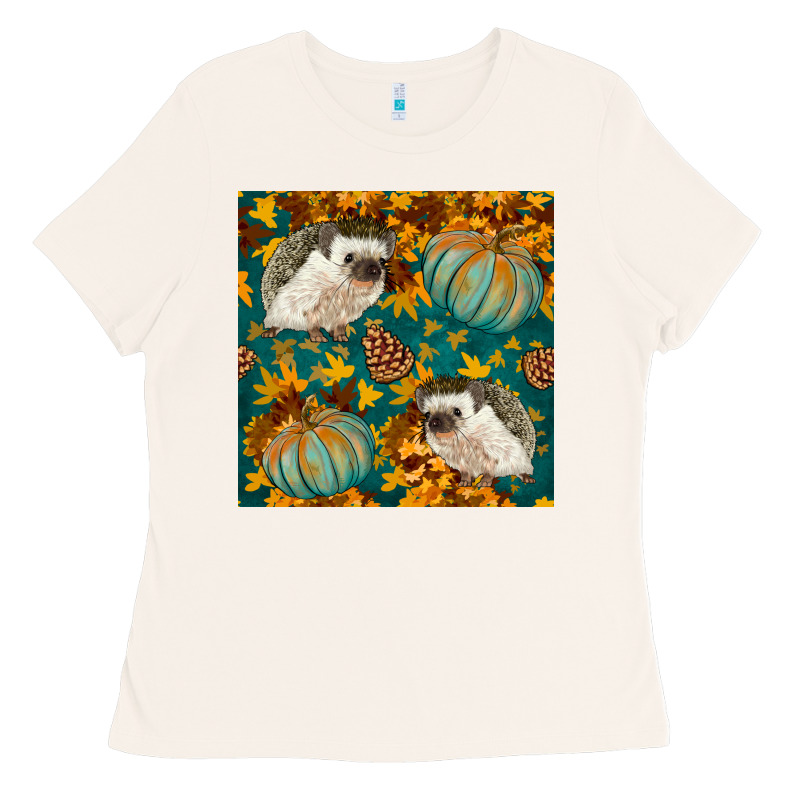 Hedgehog And Pumpkins Seamless Pattern Ladies Tee by BundleAndBundleShop | Teevron
