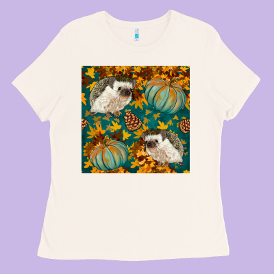 Hedgehog And Pumpkins Seamless Pattern Ladies Tee Designed By Bundleandbundleshop