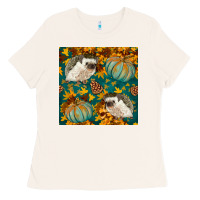 Bone hedgehog and pumpkins seamless pattern Ladies Tee - BundleAndBundleShop